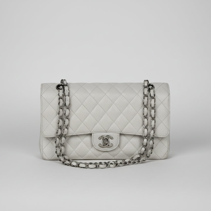 Chanel Classic Medium Double Flap Shoulder Bag in White Caviar Leather 2005-2006 B1