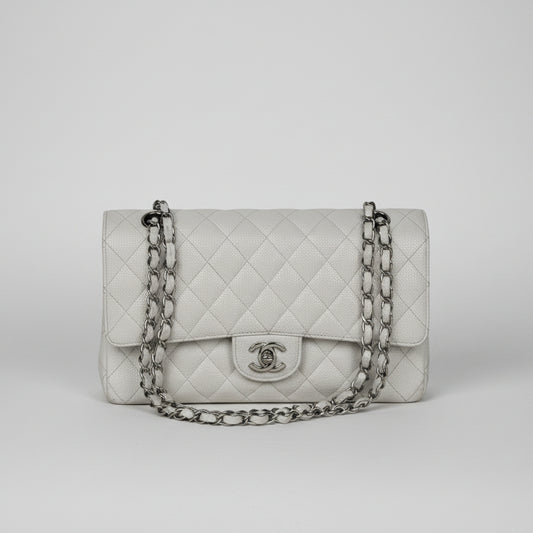 Chanel Classic Medium Double Flap Shoulder Bag in White Caviar Leather 2005-2006 B1