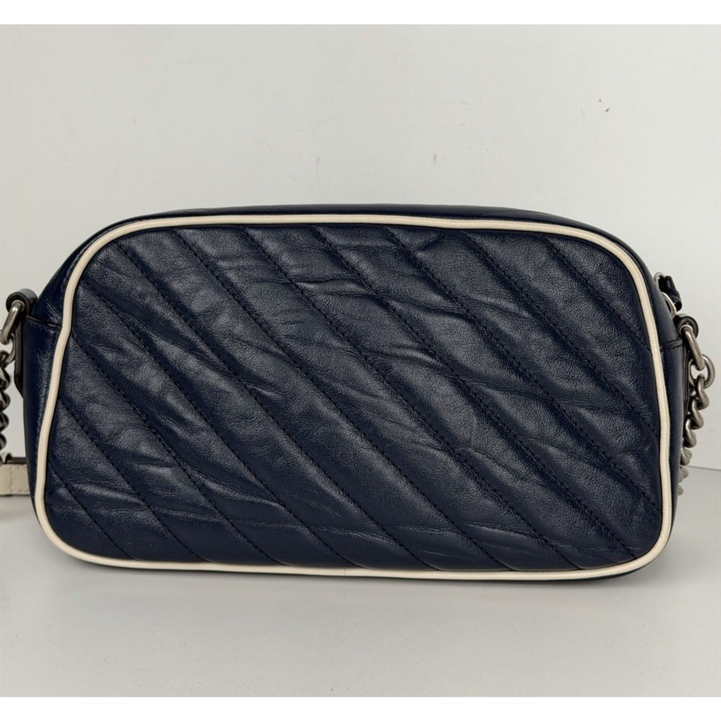 Gucci GG Marmont Small Shoulder Bag Diagonal Dark Blue Quilted Leather S17