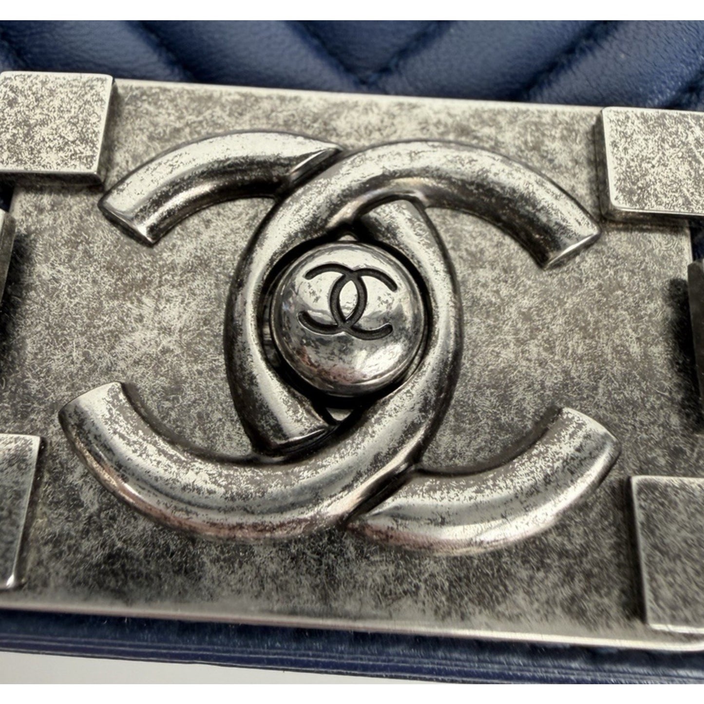 CHANEL Boy Flap Medium Shoulder Bag Lambskin Chevron Navy Blue 2014-2015 B4
