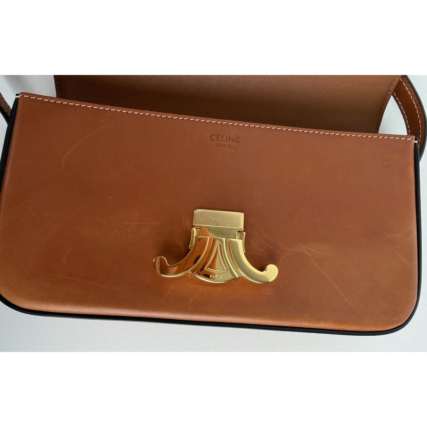 Celine Triomphe Claude Shoulder Bag in Natural Calfskin Leather Gold Hardware C5