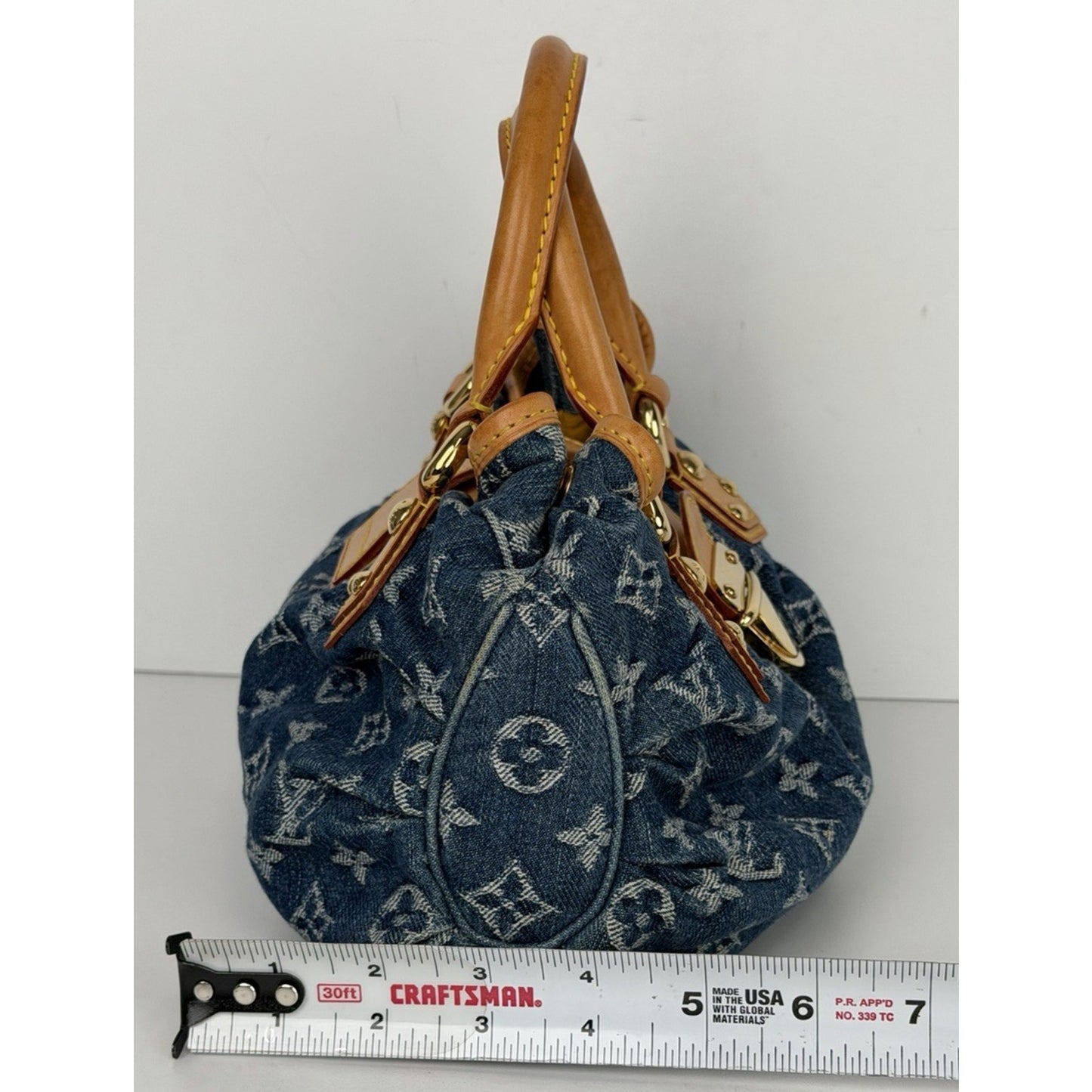 Louis Vuitton Denim Pleaty HandBag Blue Monogram & Gold-Tone Hardware D8