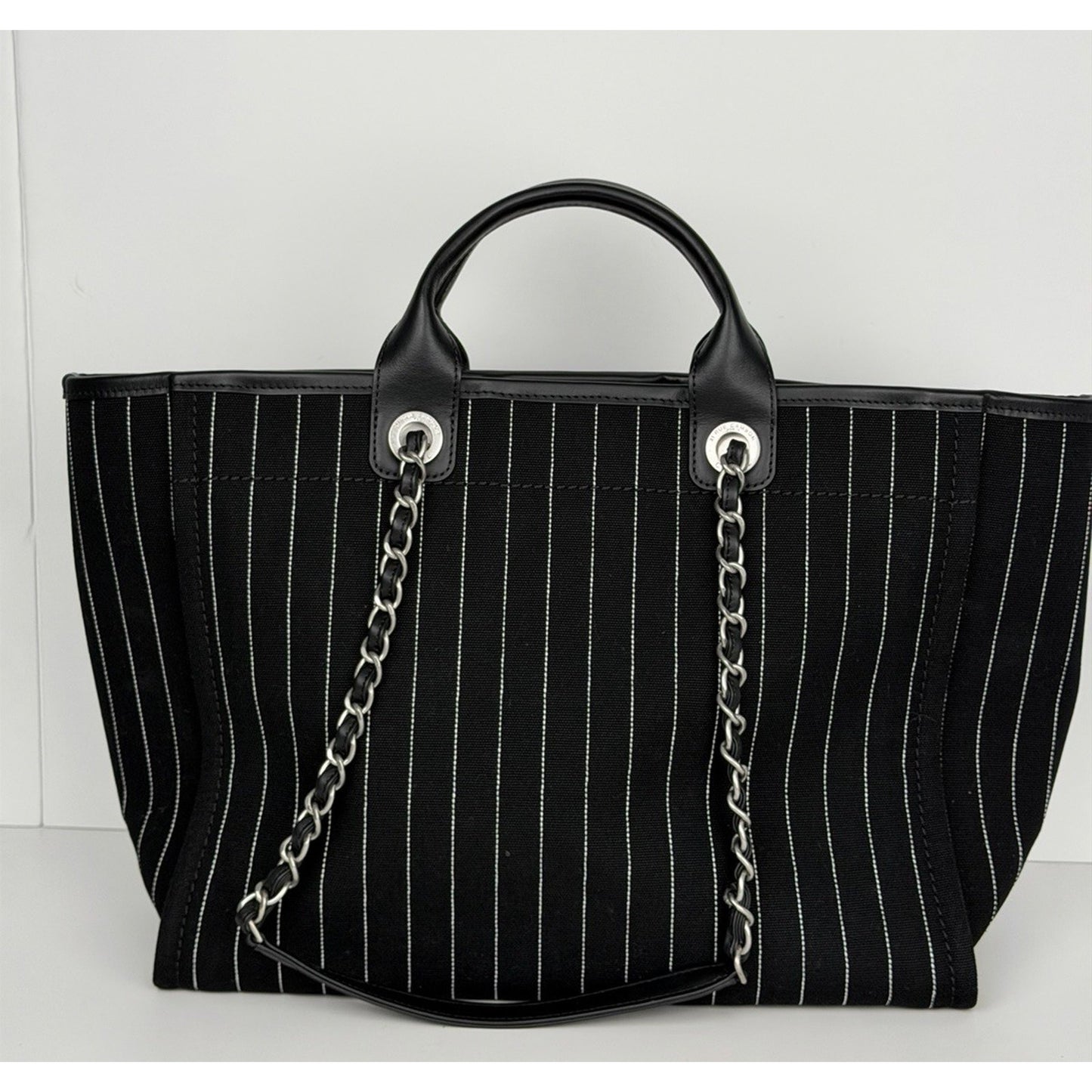 Chanel Deauville Large Shopping Tote Bag in Black and White Striped Canvas R1