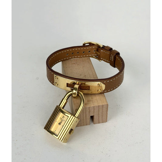 Hermes Kelly Padlock Watch Gold-Plated and Brown Leather Strap K1