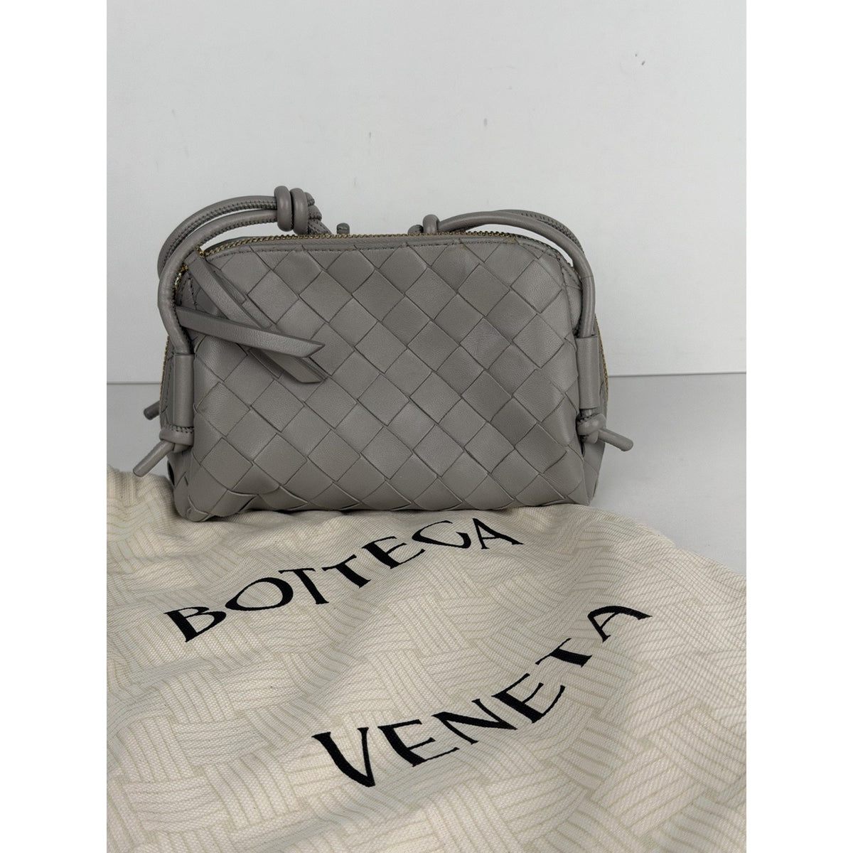 Bottega Veneta Concert Pouch Crossbody Bag Mini in Gray Intrecciato Leather E-1