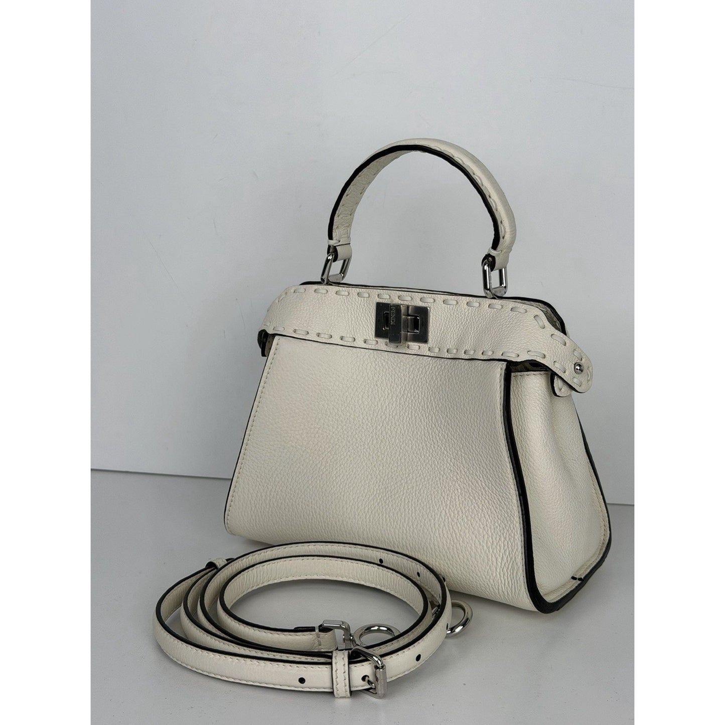 Fendi Peekaboo ISeeU Mini Bag White Cuoio Romano Leather Silver-Tone Hardware B1