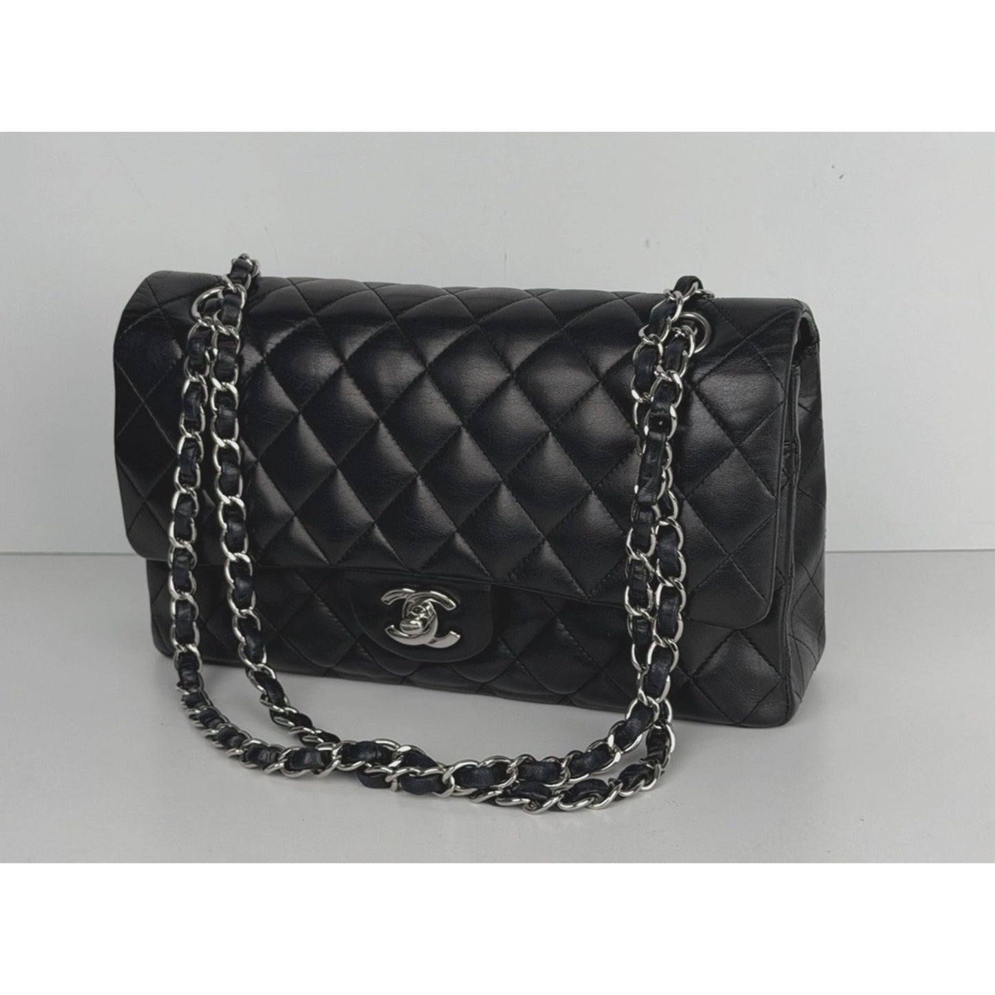 Chanel Classic Double Flap Bag Medium Black Leather Silver Hardware 2008-2009 U3