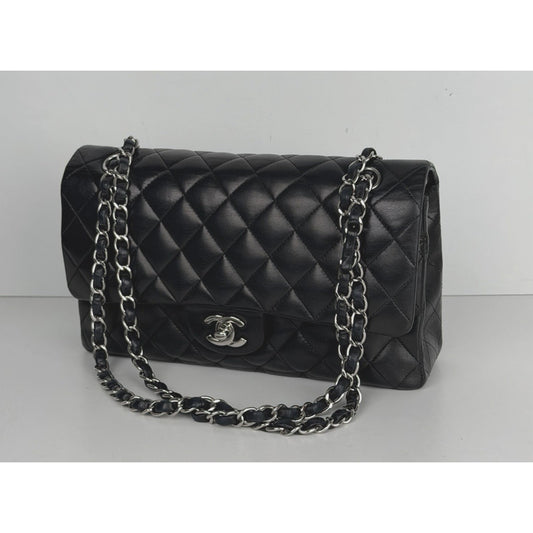 Chanel Classic Double Flap Bag Medium Black Leather Silver Hardware 2008-2009 U3