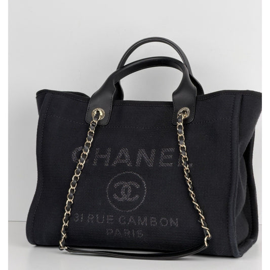 Chanel Deauville Shopping Tote Bag in Black Canvas NFC Small with Pouch E2