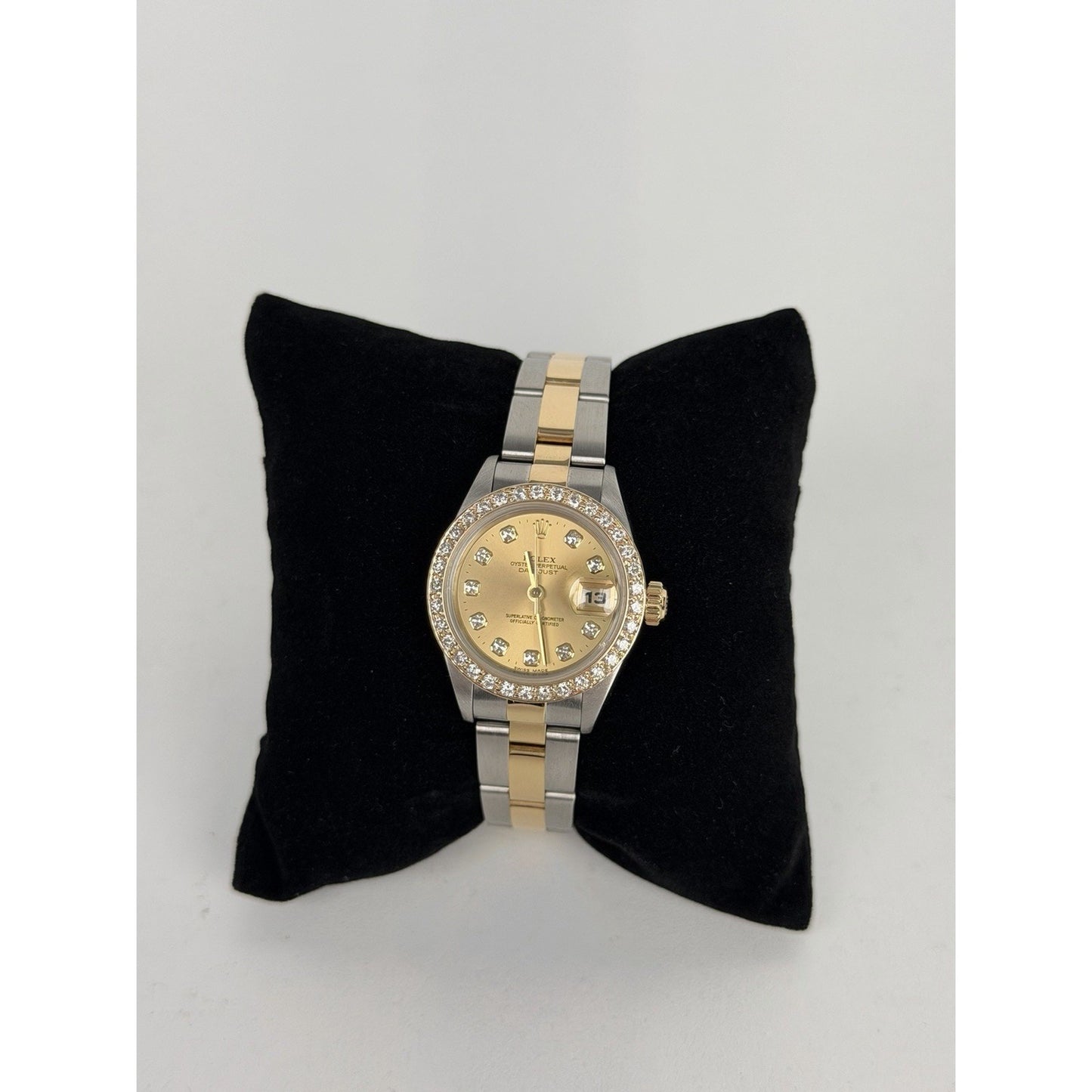 Rolex 69173 Ladies Datejust 18k Gold 26mm Diamond Dial with Custom Diamond Bezel