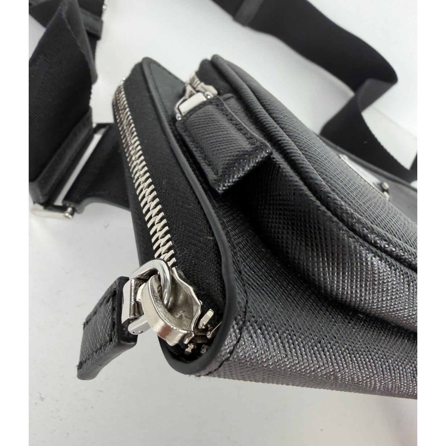 Prada Enameled Metal Triangle Logo Belt Bag in Black Saffiano Leather B-5