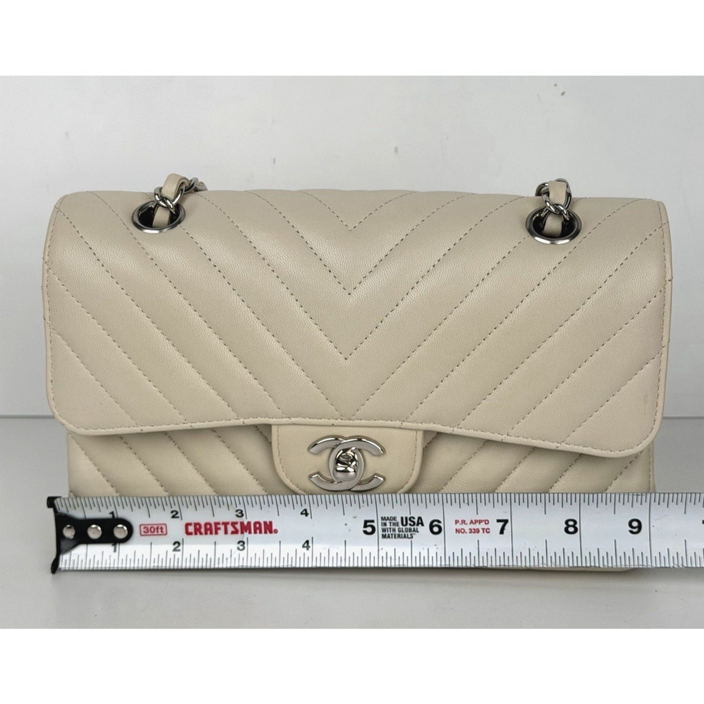 Chanel Small Classic Double Flap Shoulder Bag in Chevron Ivory Leather 2021 U2