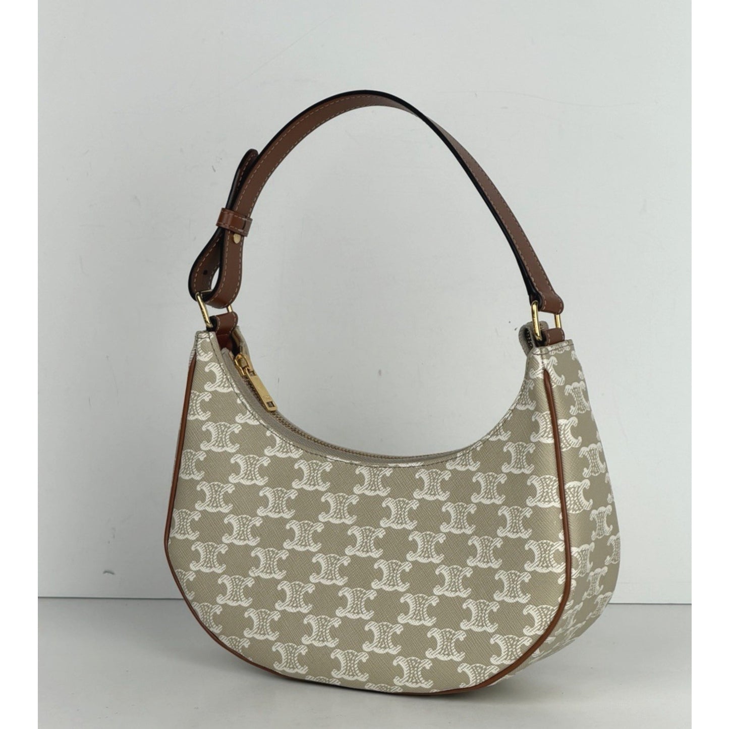 Celine Triomphe Ava Shoulder Bag Beige Coated Canvas with Brown Leather Trim S08