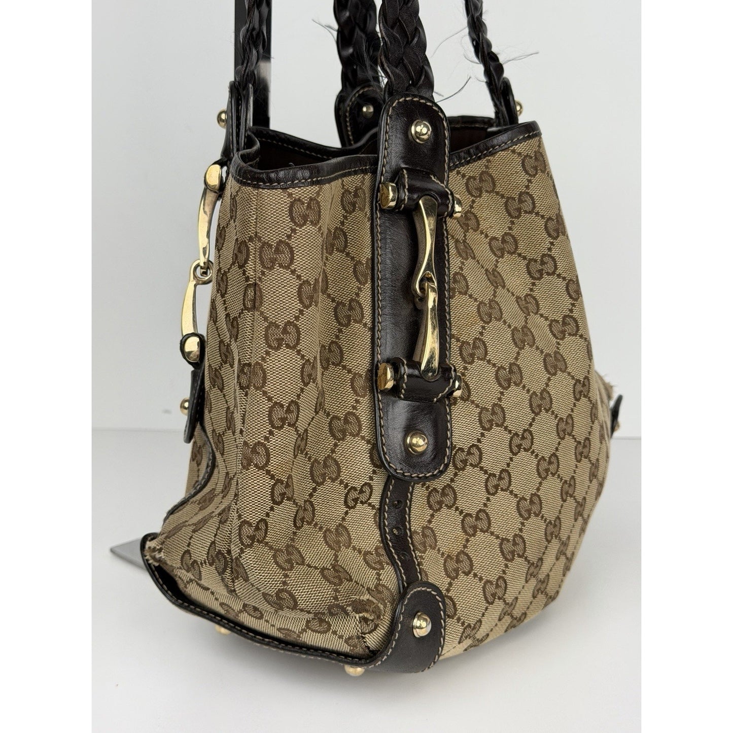 Gucci GG Pelham Shoulder Bag Canvas Braided Leather Handles & Gold Hardware S32