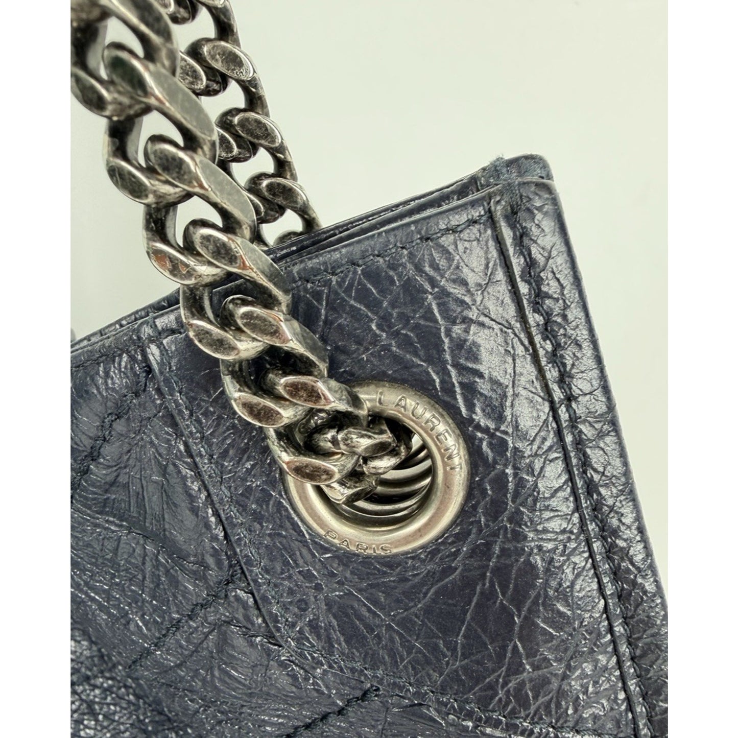 Saint Laurent Niki Shopper Tote Bag Large in Dark Navy Crinkled Leather S-13