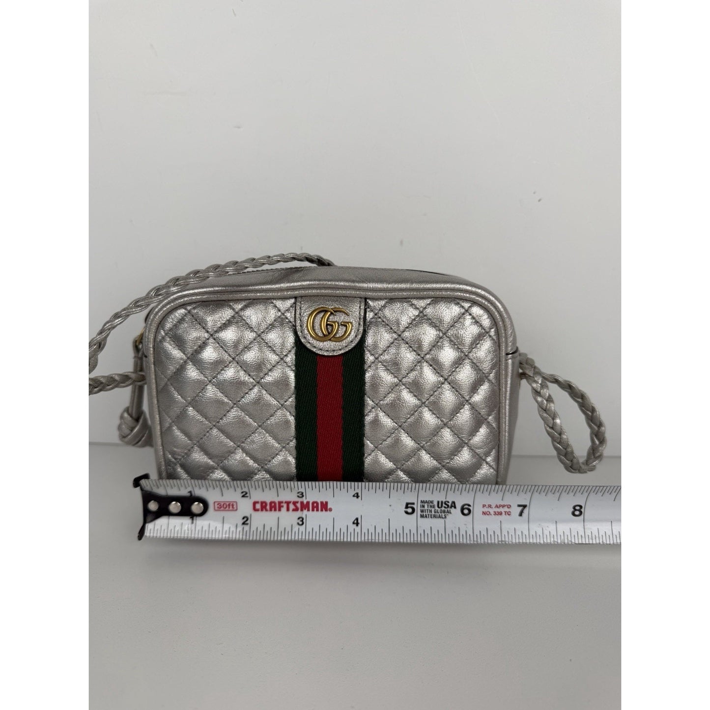 Gucci Web Ophidia Trapuntata Camera Bag Mini Quilted Silver Metallic Leather S