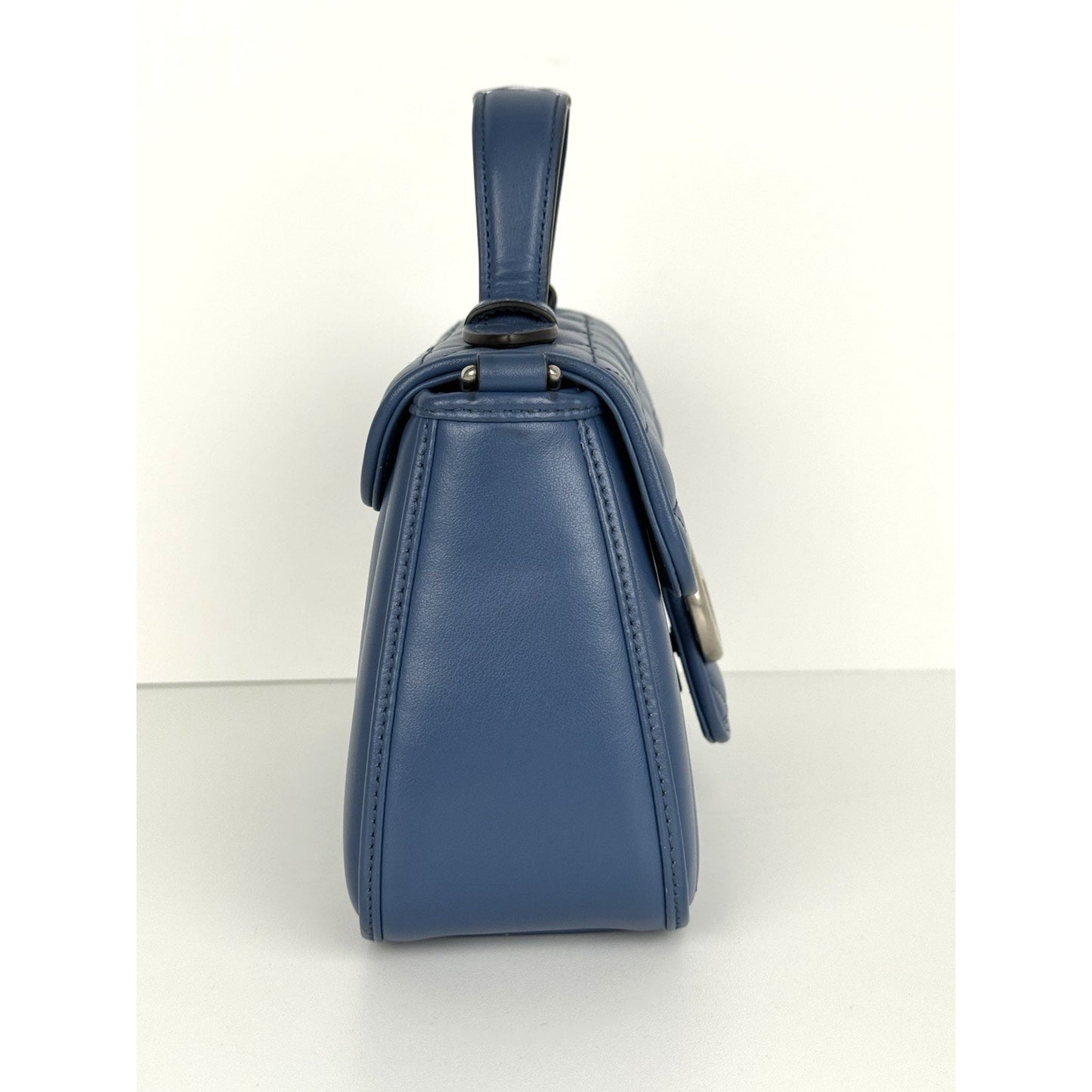 Gucci Double G Blue Leather Matelasse Aria Marmont Mini Top Handle Women's Bag