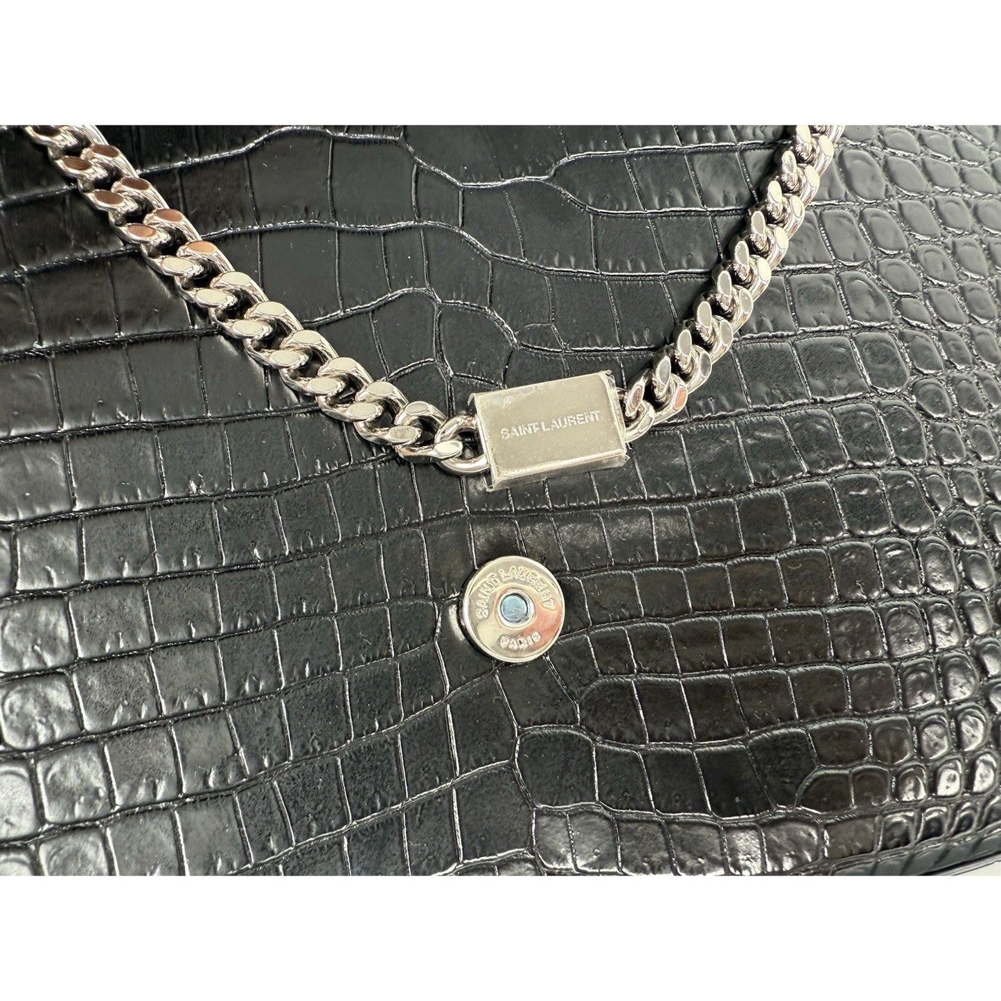 Saint Laurent Kate Tassel Croc-Embossed Leather Shoulder Bag in Black