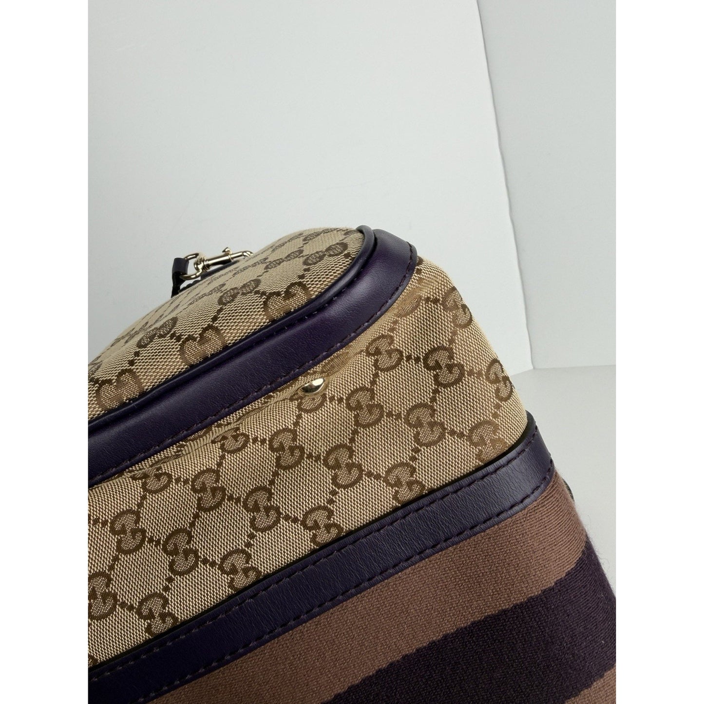 Gucci Web Boston Medium Bag in Brown GG Monogram Canvas & Purple Trim S