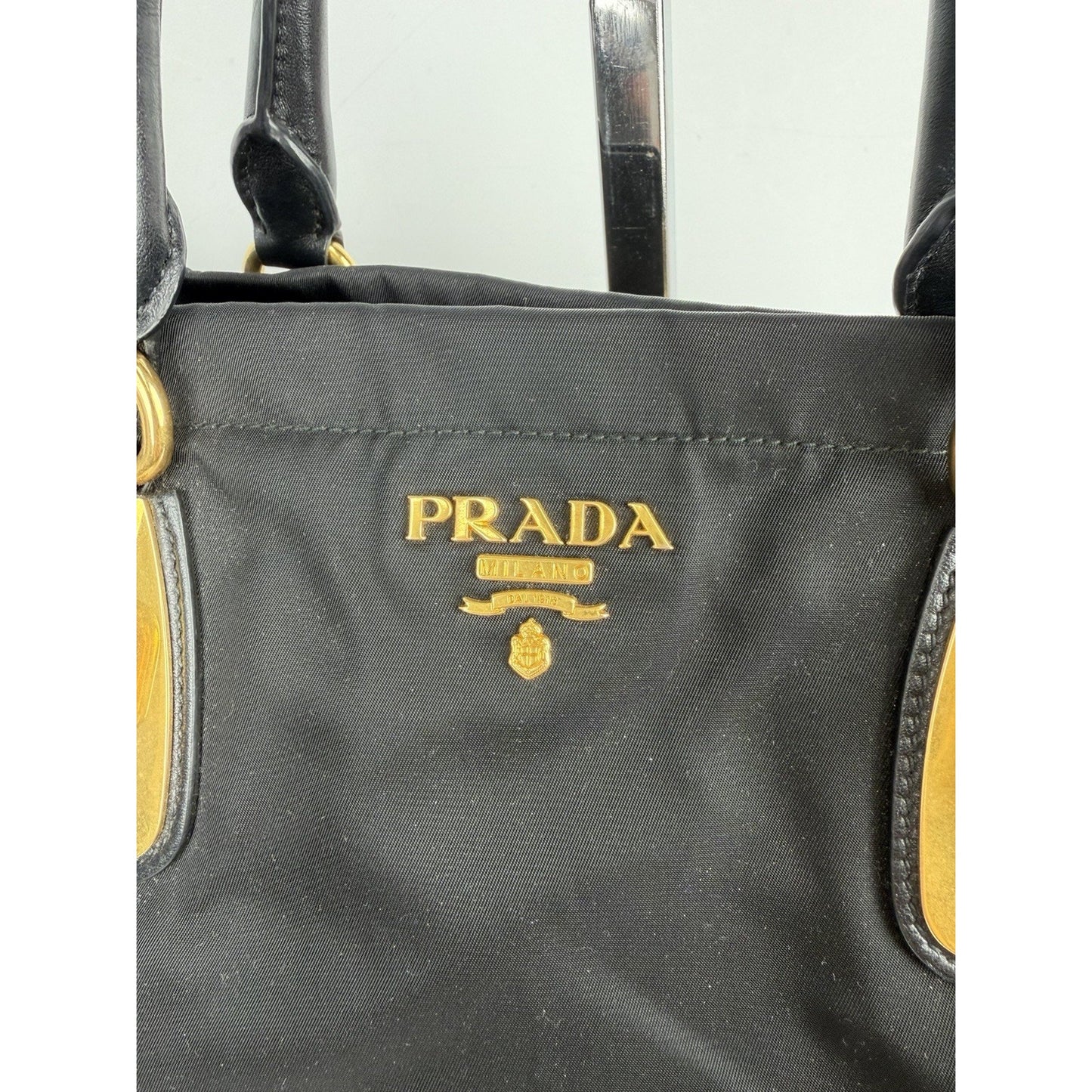 Prada Tessuto Tote Bag in Black Nylon with Gold Hardware Buckle Accents S