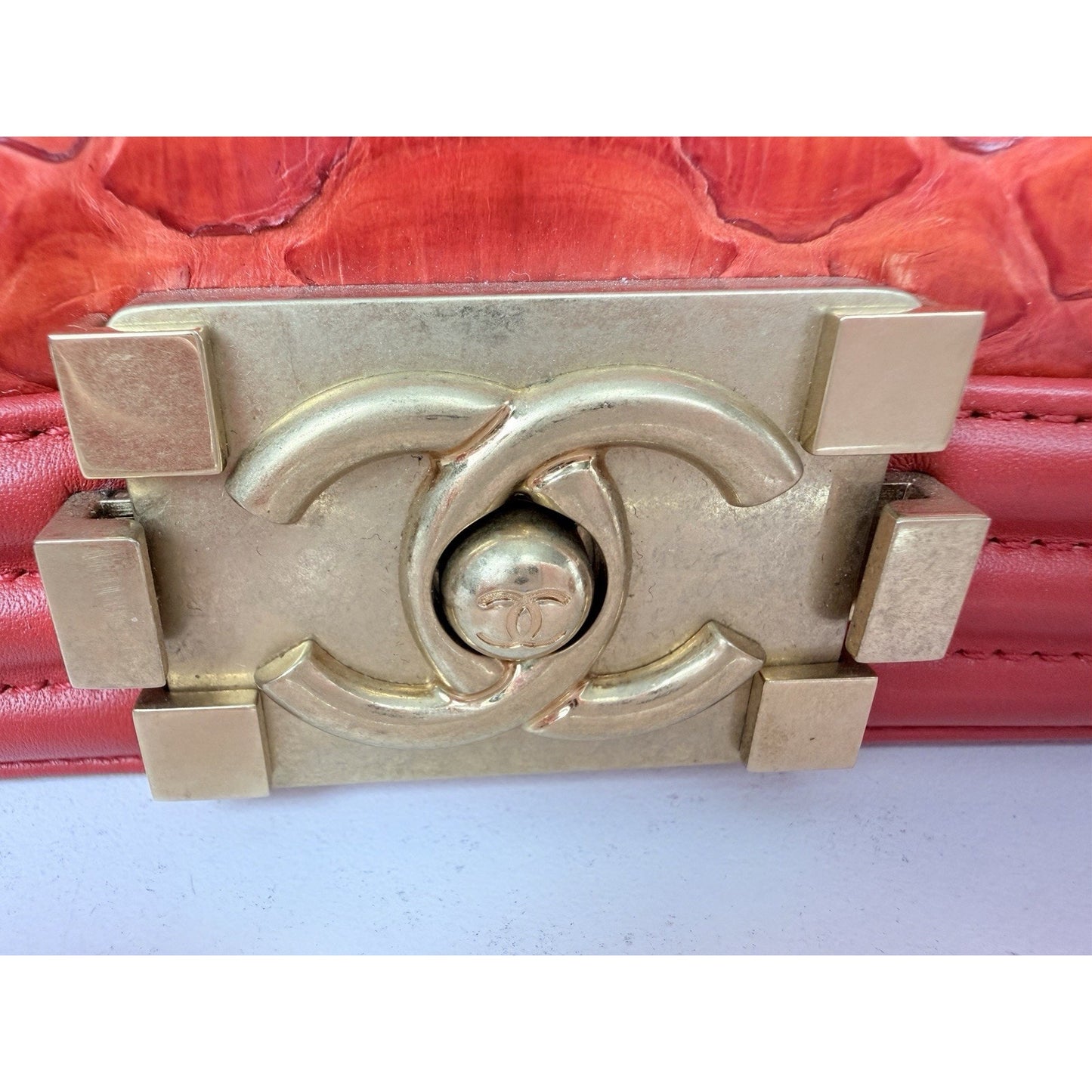 LAYAWAY: CHANEL Python Boy Bag Medium Red Leather Brushed Gold Hardware 2014 B4