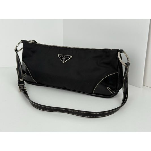 PRADA Black Tessuto Nylon & Leather Pochette Women's Shoulder Bag