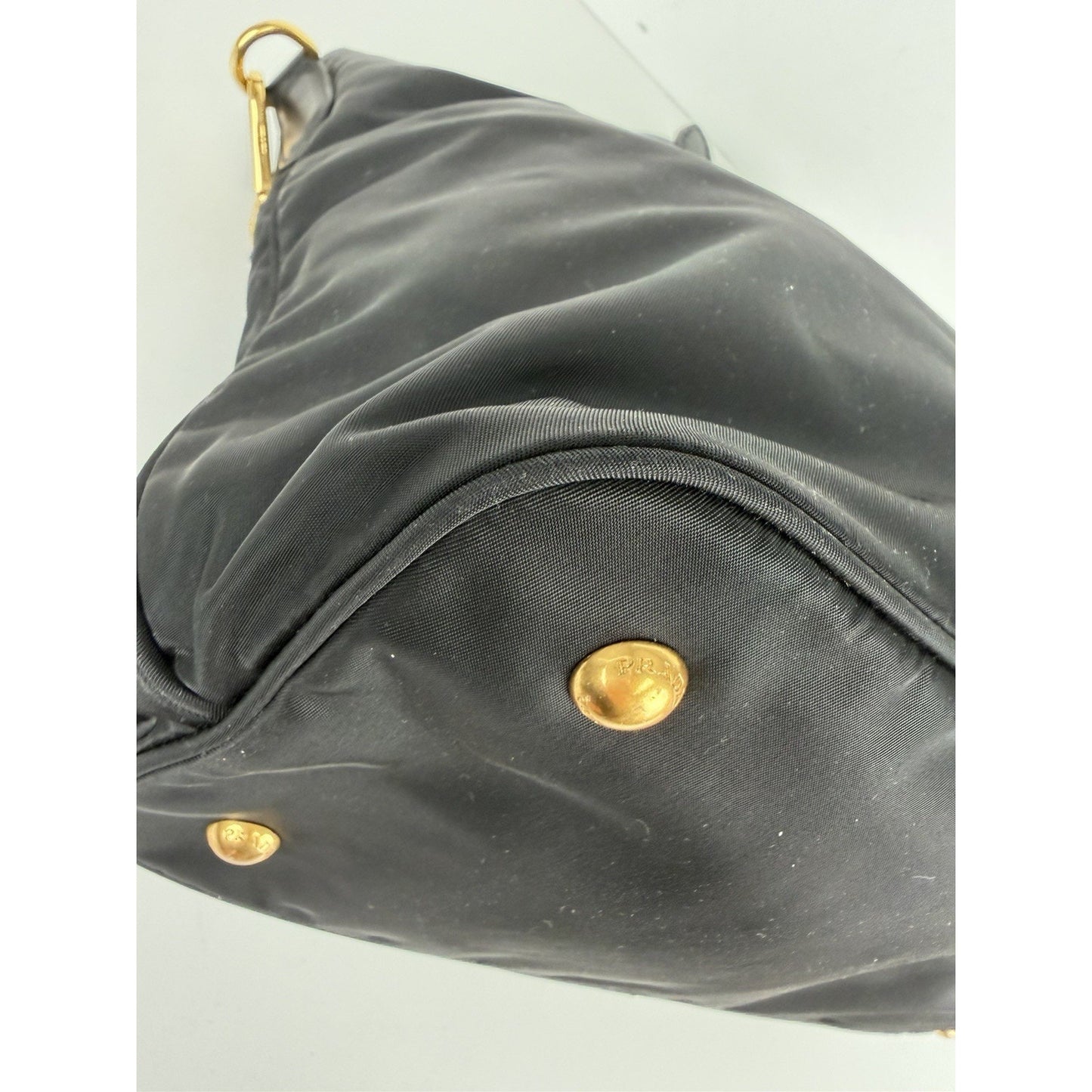 Prada Tessuto Tote Bag in Black Nylon with Gold Hardware Buckle Accents S