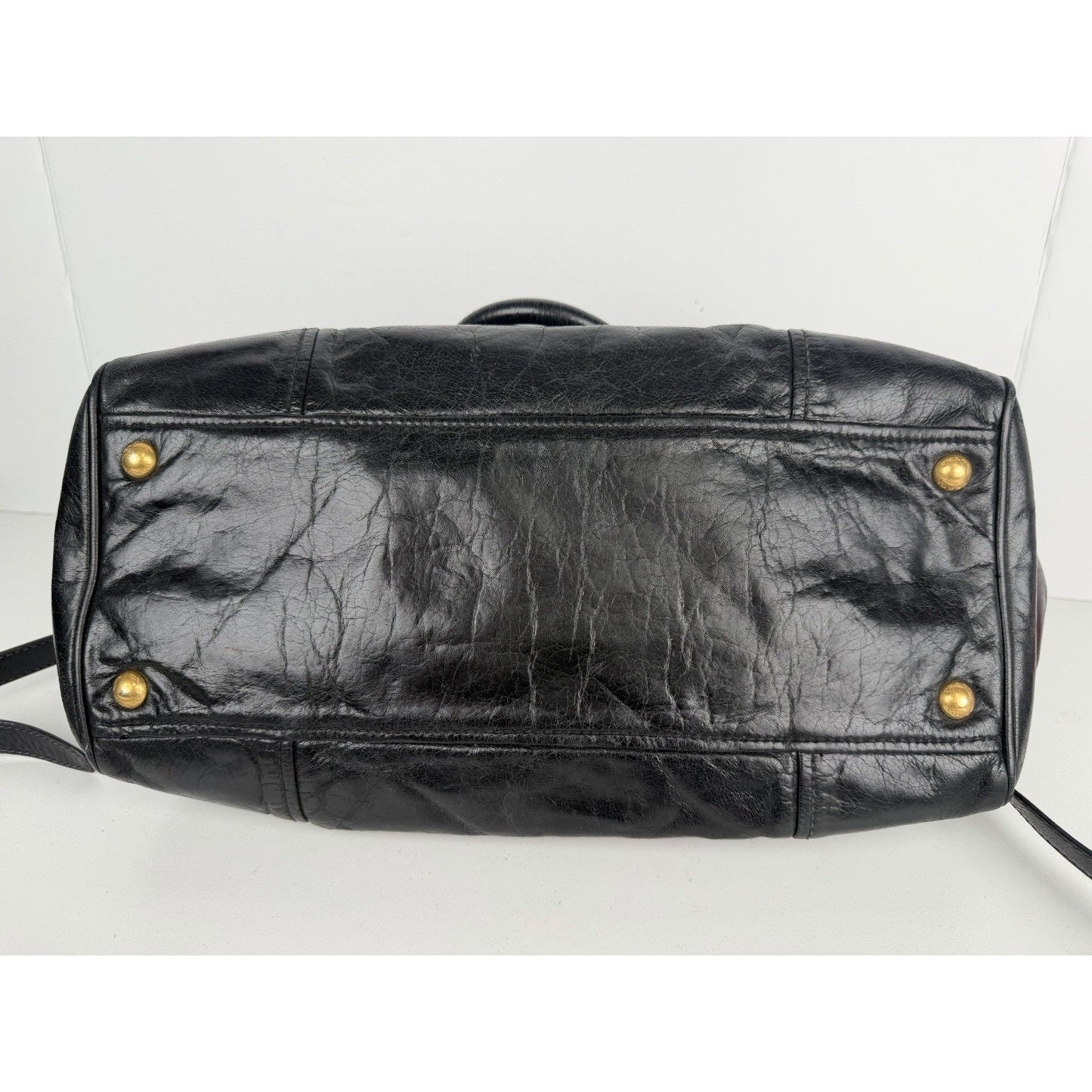 Prada Shopping Satchel Bag Medium Black Vitello Crinkled Leather Gold Hardware S