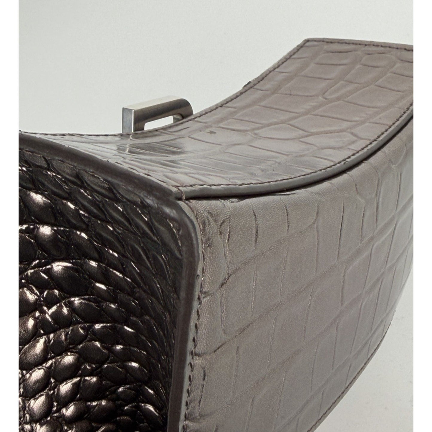 Balenciaga Hourglass XS Bag in Metallic Dark Gray Croc-Effect Leather S03