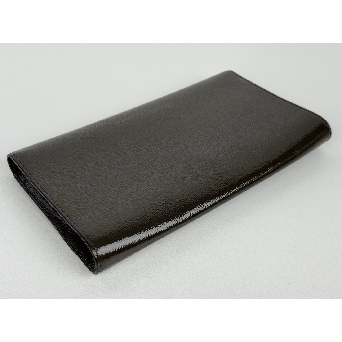 Saint Laurent Belle De Jour Patent Leather Flap Clutch Khaki w Gold Hardware C-6