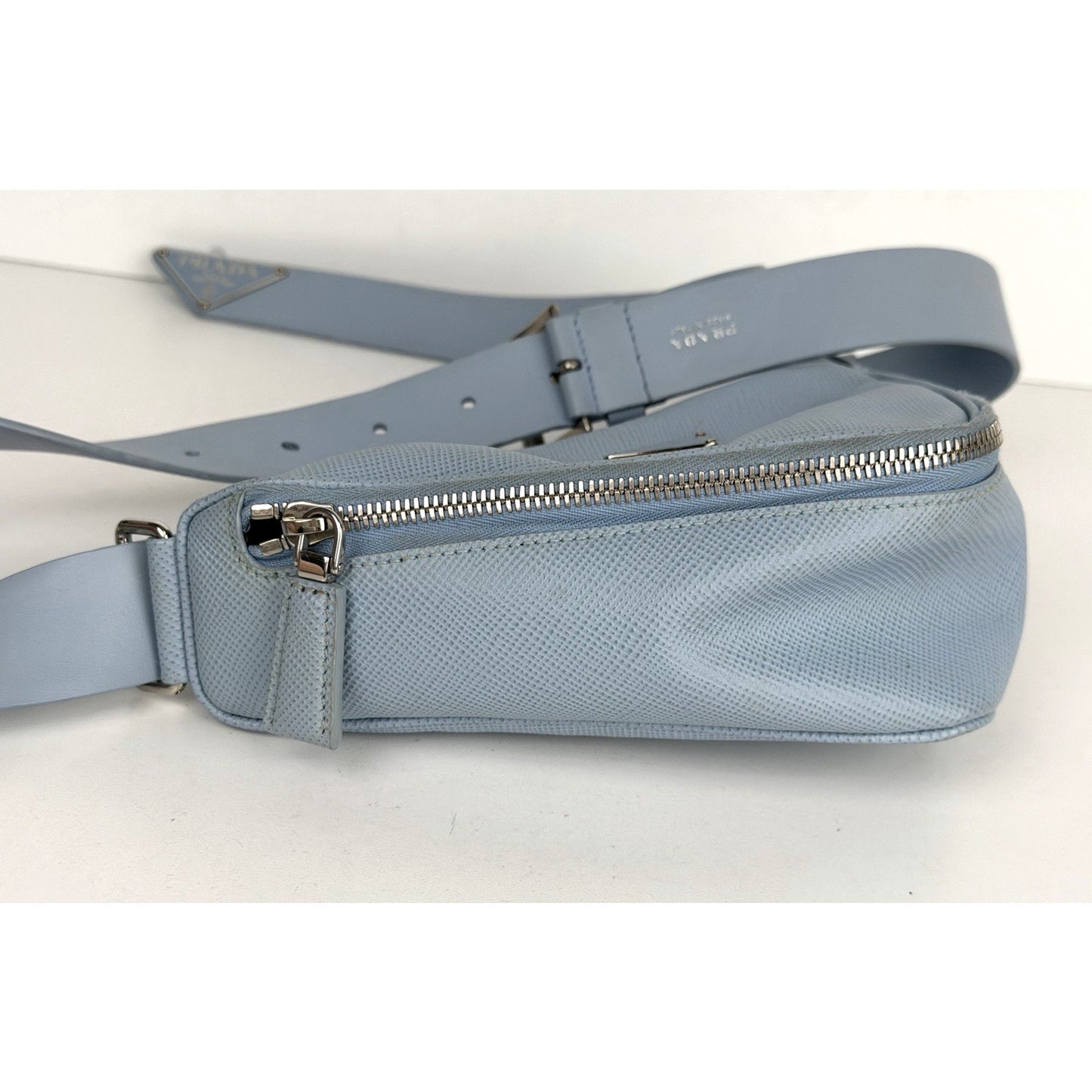 Prada Shoulder Bag Triangle Logo in Light Blue Saffiano Leather S05