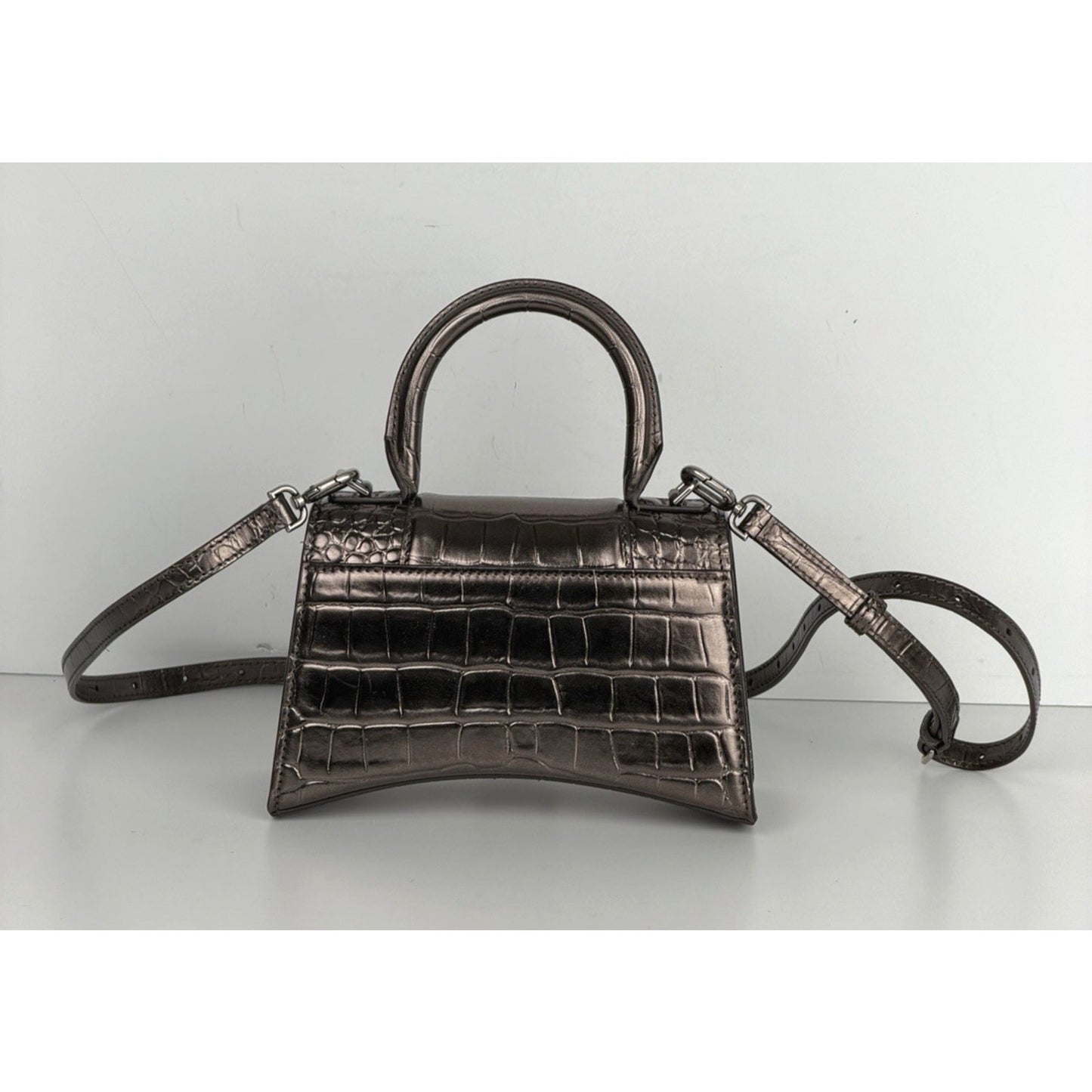 Balenciaga Hourglass XS Bag in Metallic Dark Gray Croc-Effect Leather S03