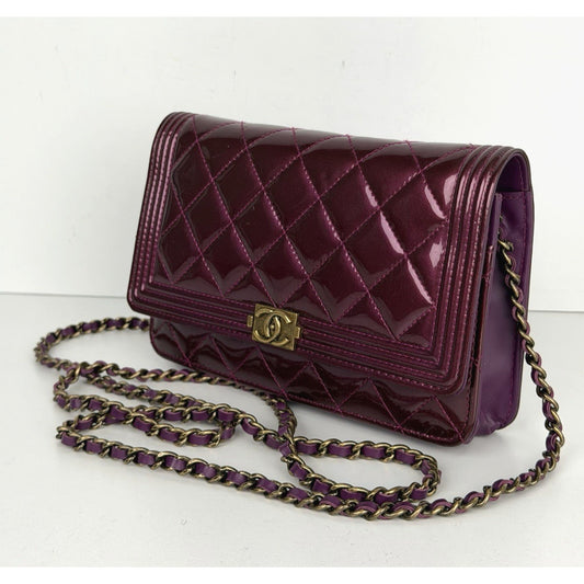 Chanel Boy Wallet on Chain Quilted Bag in Purple Patent Leather 2015-2016 E4