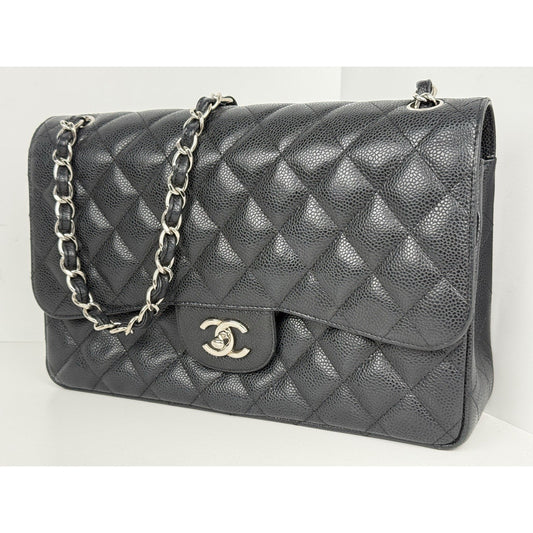 Chanel Classic Caviar Jumbo Double Flap Bag Black with Silver Hardware B-2