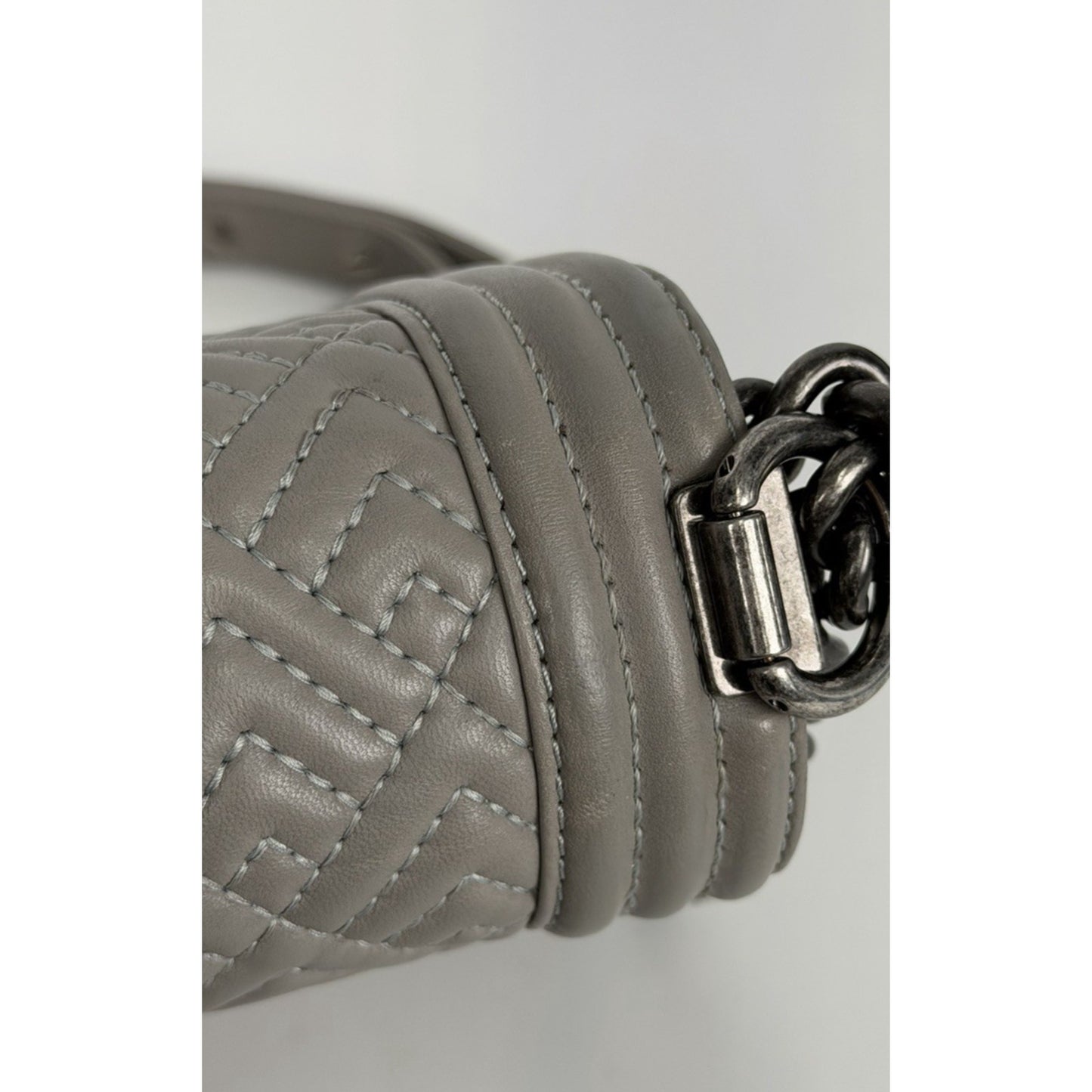 Chanel Boy Bag with Geometric Quilted Pattern in Gray Leather