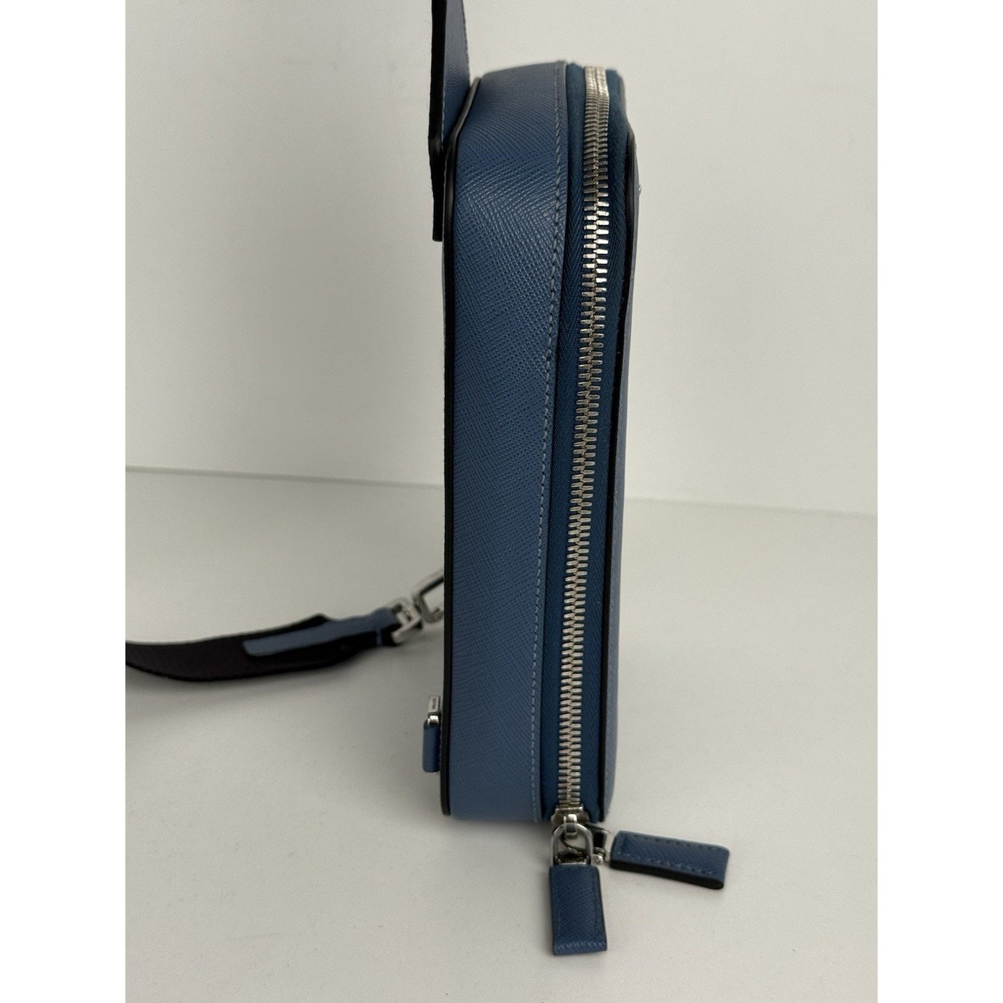 Prada Saffiano Leather Brique Crossbody Messenger Bag Bluette