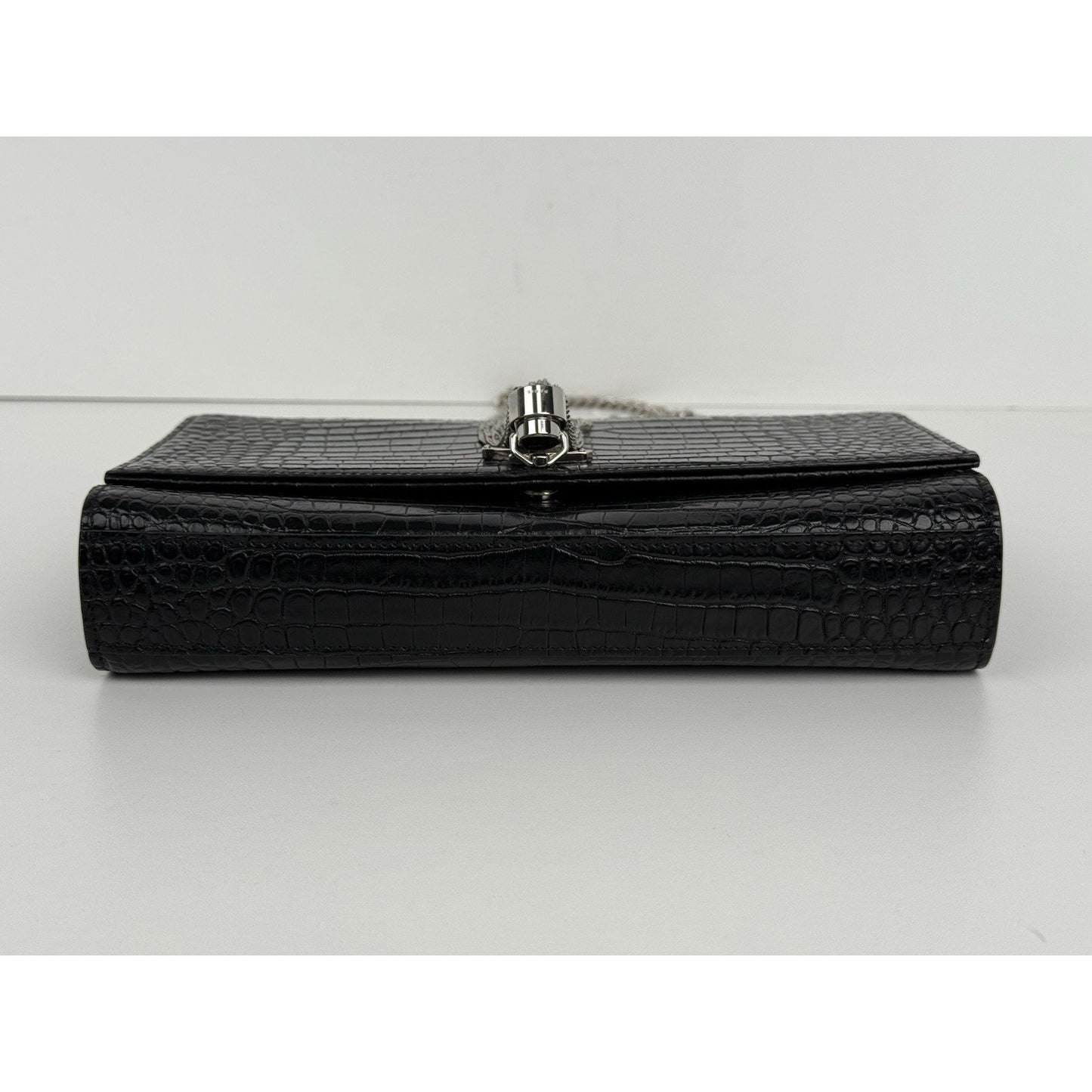 Saint Laurent Kate Tassel Croc-Embossed Leather Shoulder Bag in Black