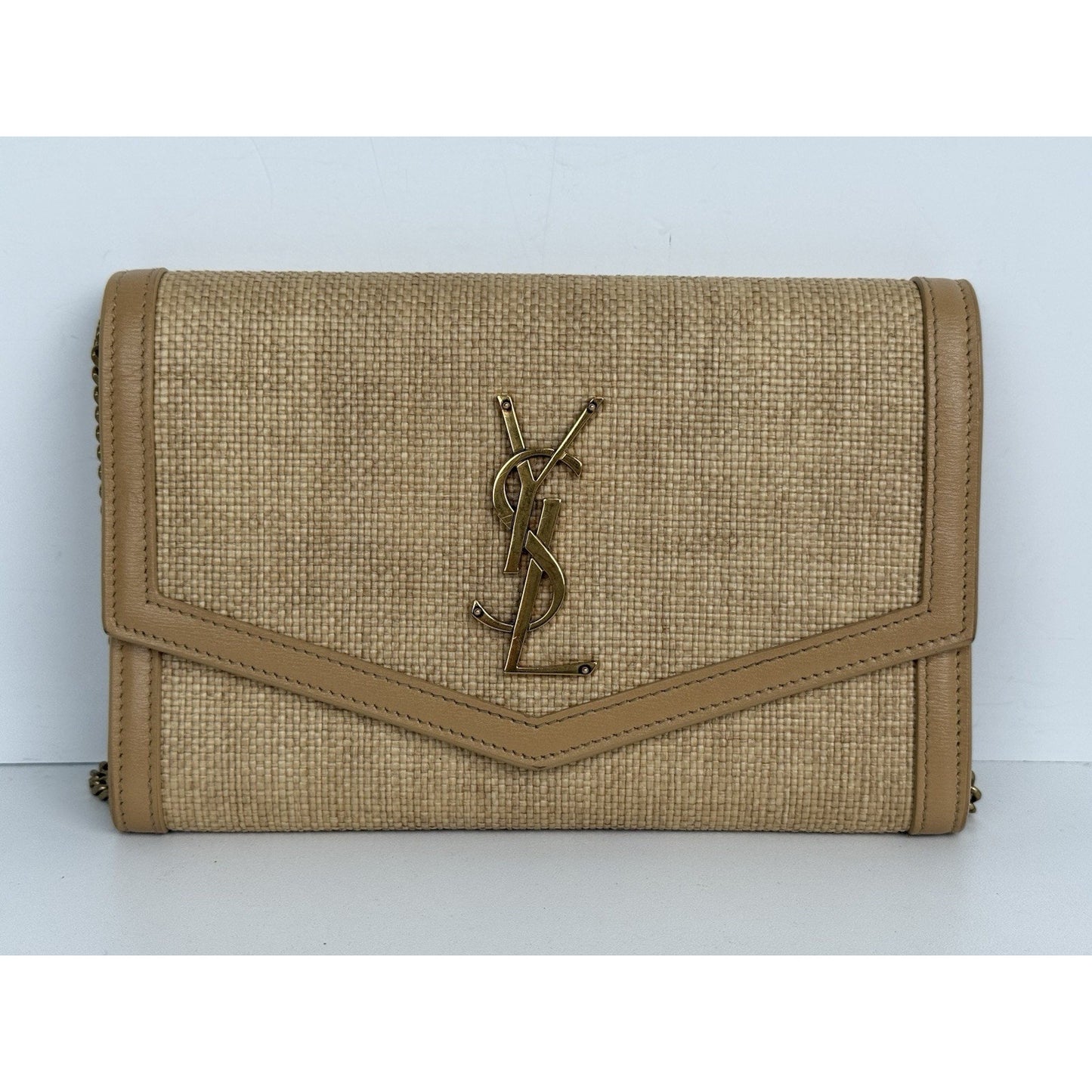Saint Laurent Micro Raffia Monogram Uptown Chain Wallet – Natural Hay Blush