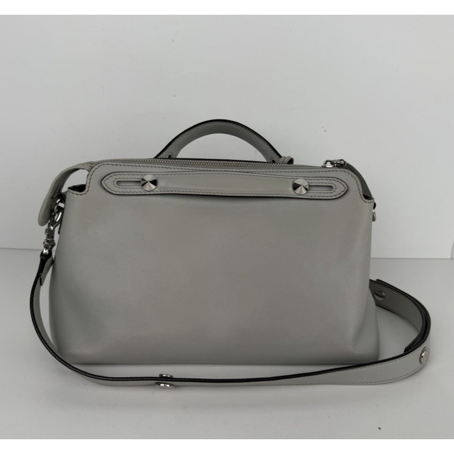 Fendi By The Way Medium Satchel Bag in Gray Leather with Studded Details S01