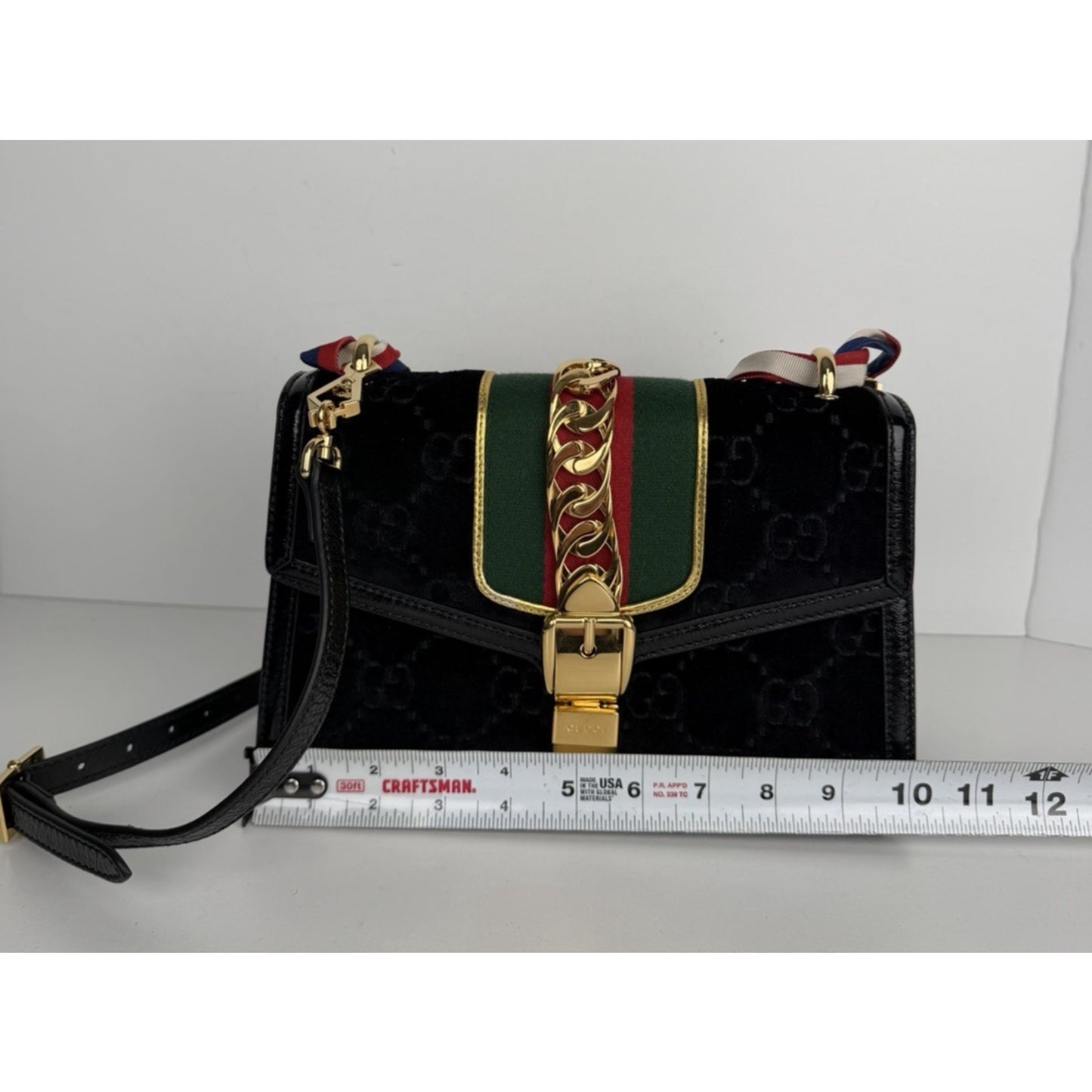 Gucci Sylvie Small Crossbody Bag in Black GG Velvet with Web S08