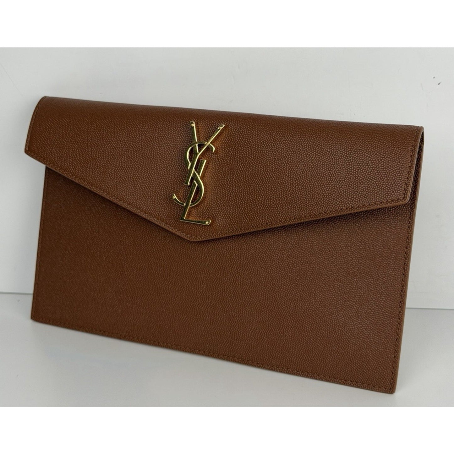 Saint Laurent Uptown Pouch Brown Grained Calfskin Leather YSL Monogram K2