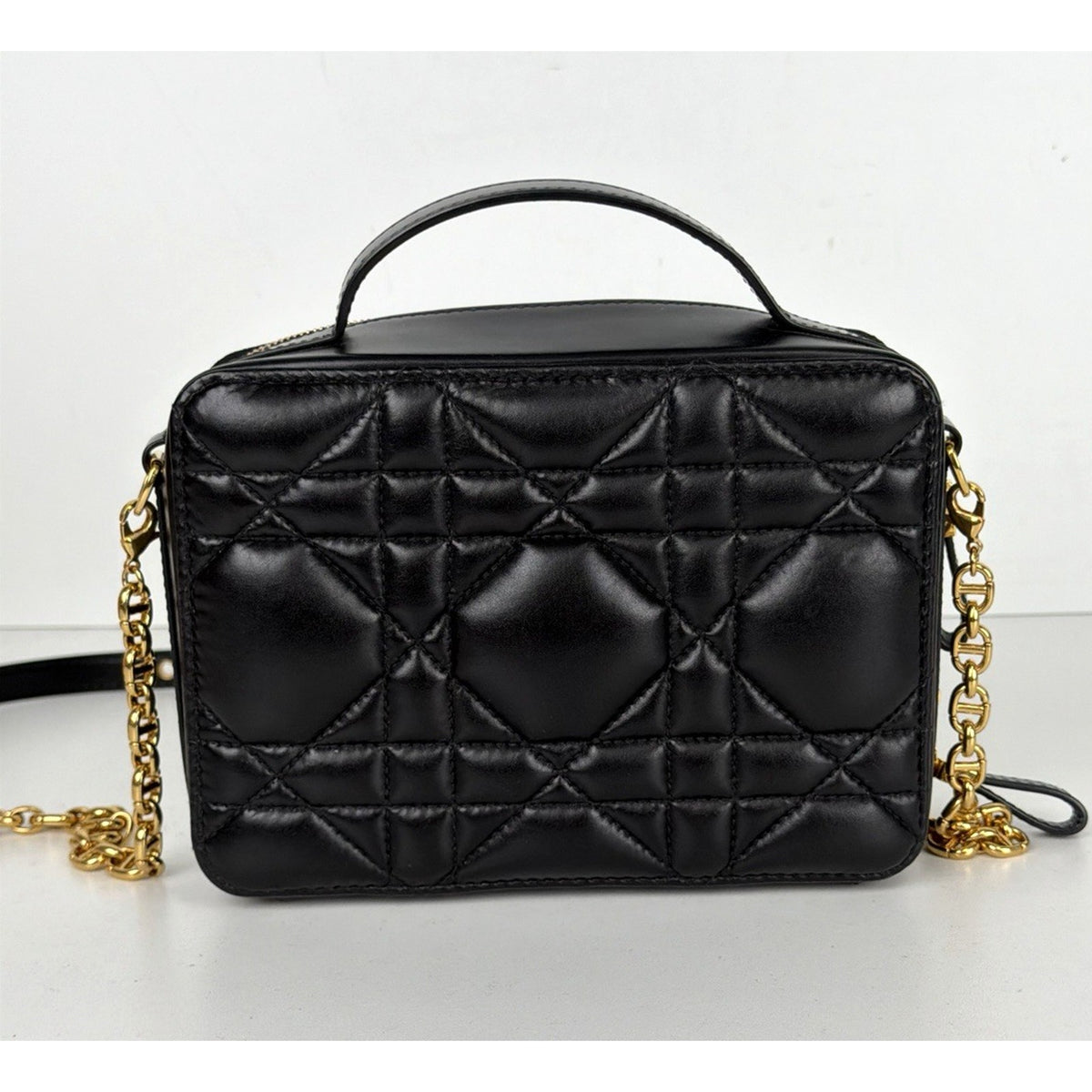 Christian Dior Caro Box Shoulder Bag in Black Quilted Macrocannage Leather E2