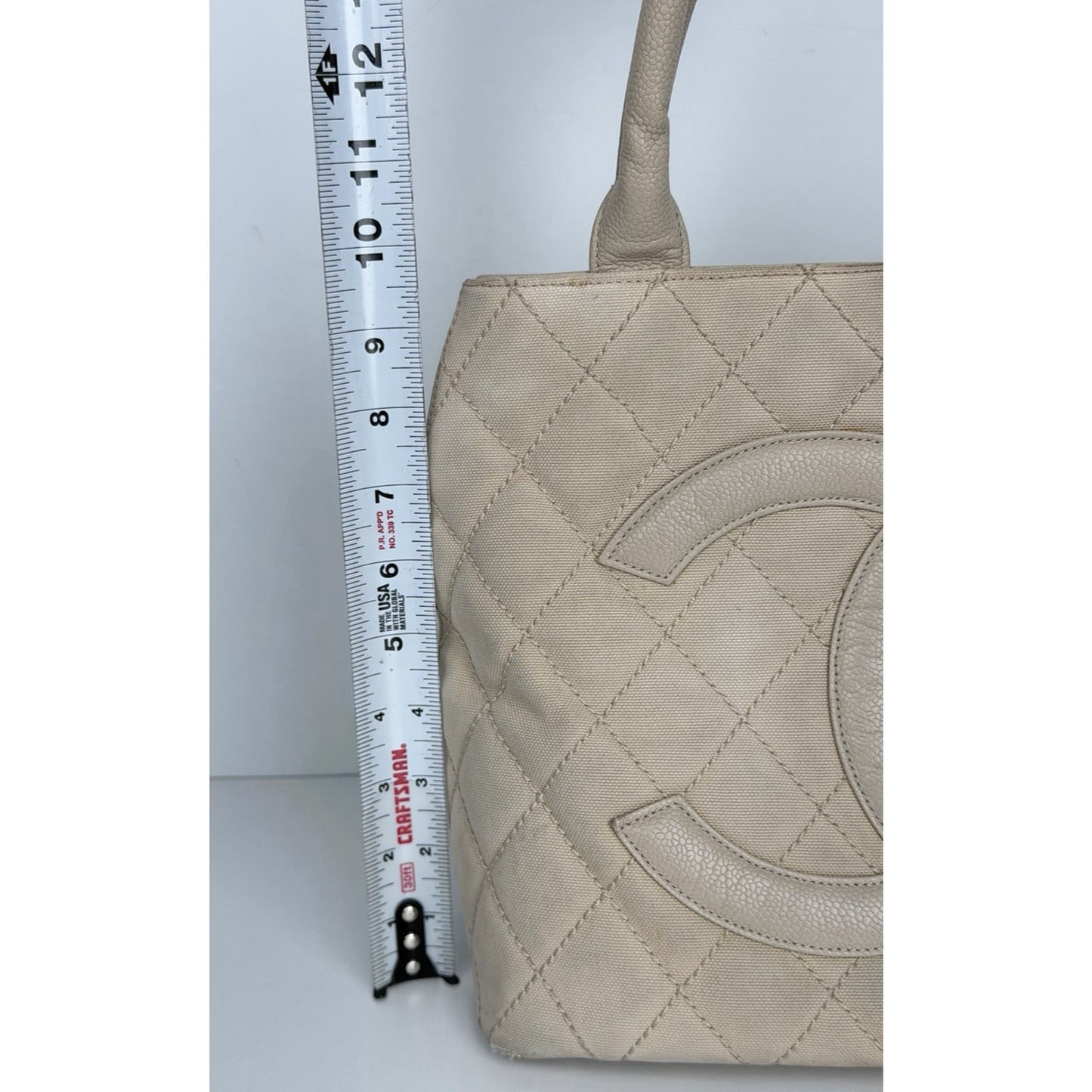 Chanel Quilted Caviar Logo and Canvas Medallion Tote Handbag Beige 2004-2005 C7