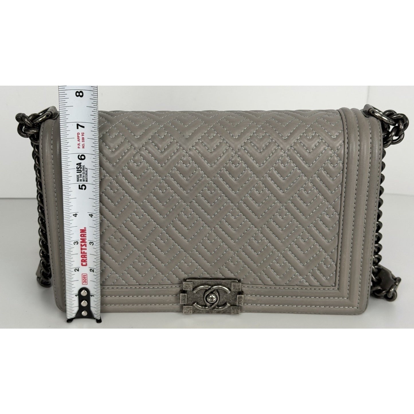 Chanel Boy Bag with Geometric Quilted Pattern in Gray Leather