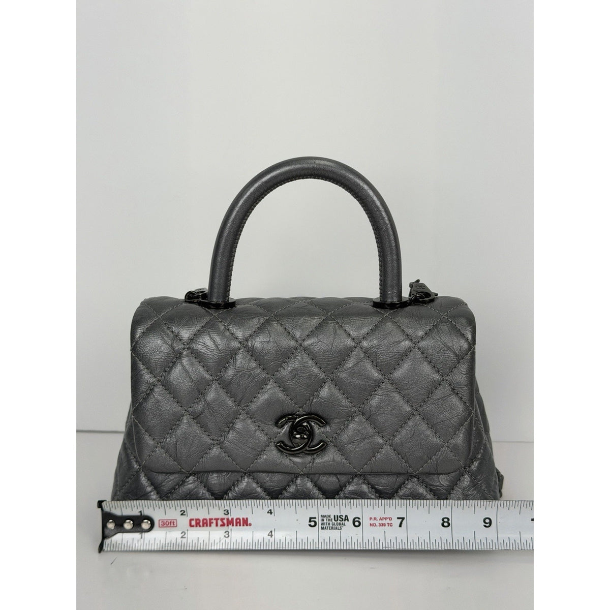 Chanel Coco Handle Flap Bag Small in Charcoal Gray Aged Calfskin Leather 2019 C4