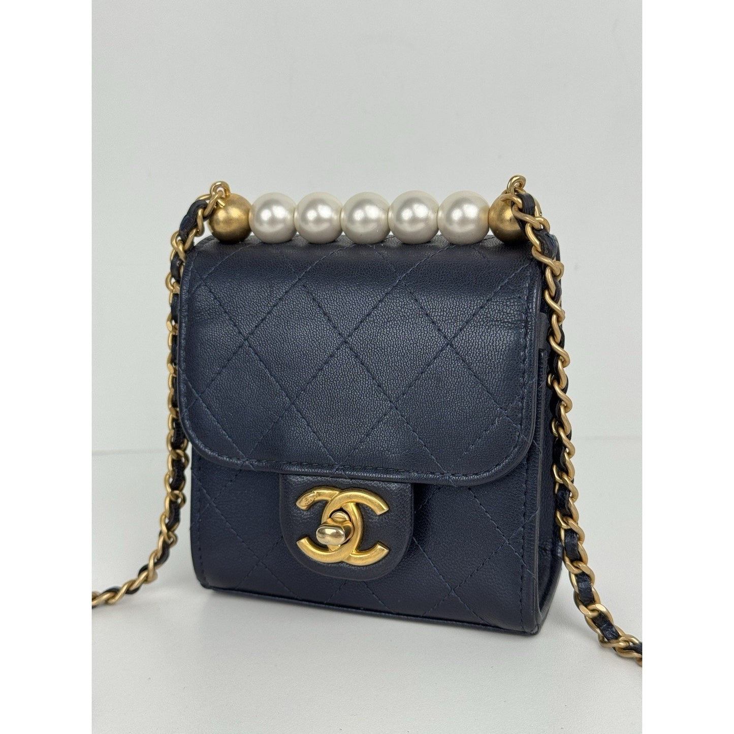 Chanel Mini Flap Navy Blue Metallic Lambskin with Pearl Hardware (2019) D-6
