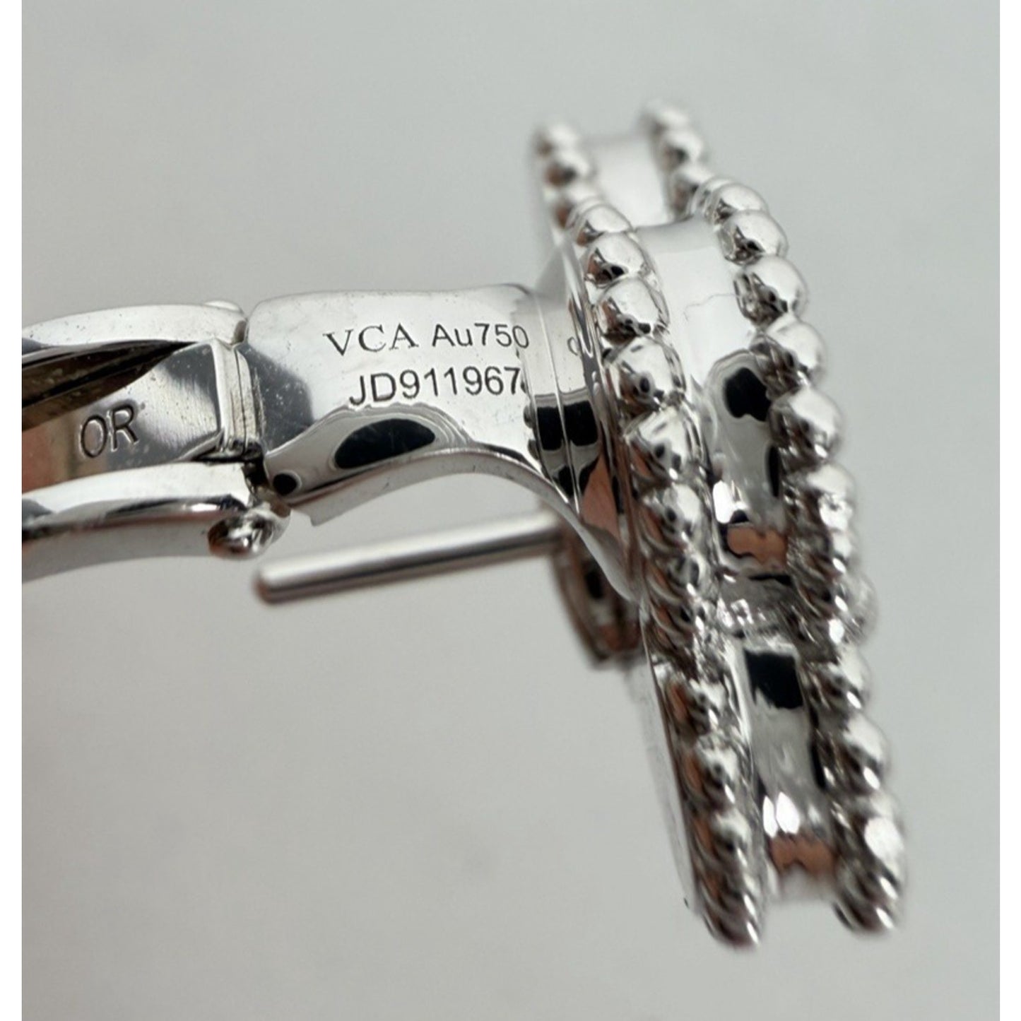 Van Cleef & Arpels Guilloche Alhambra Clover Earrings in 18k White Gold