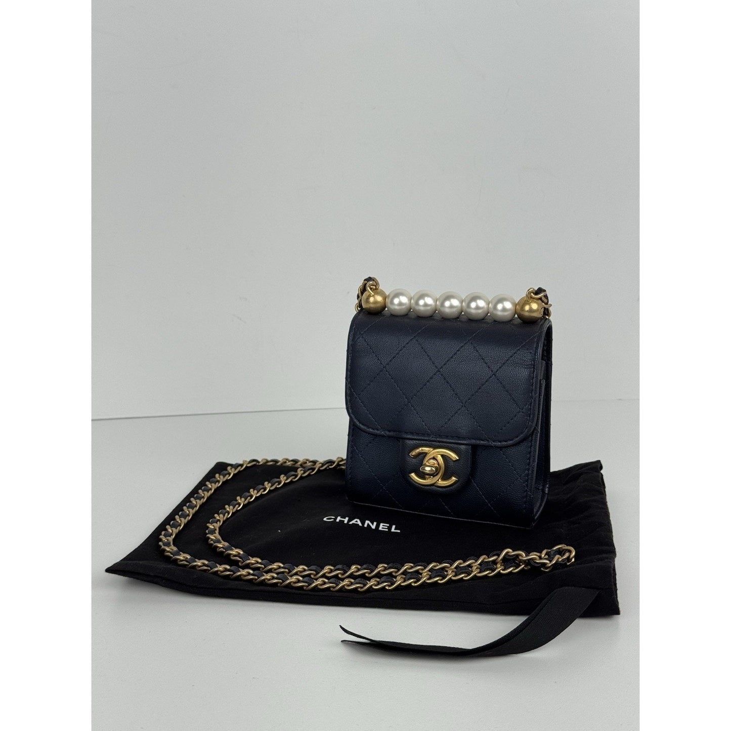 Chanel Mini Flap Navy Blue Metallic Lambskin with Pearl Hardware (2019) D-6