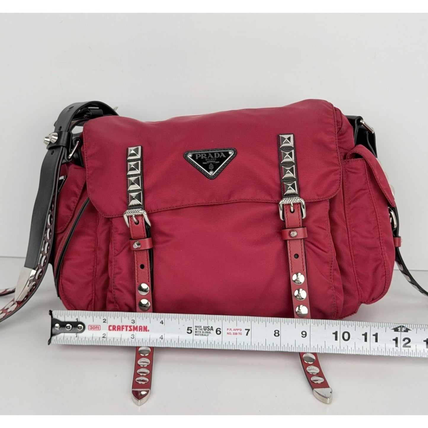 Prada New Vela Studded Messenger Medium in Cherry Red Nylon and Leather Trim S