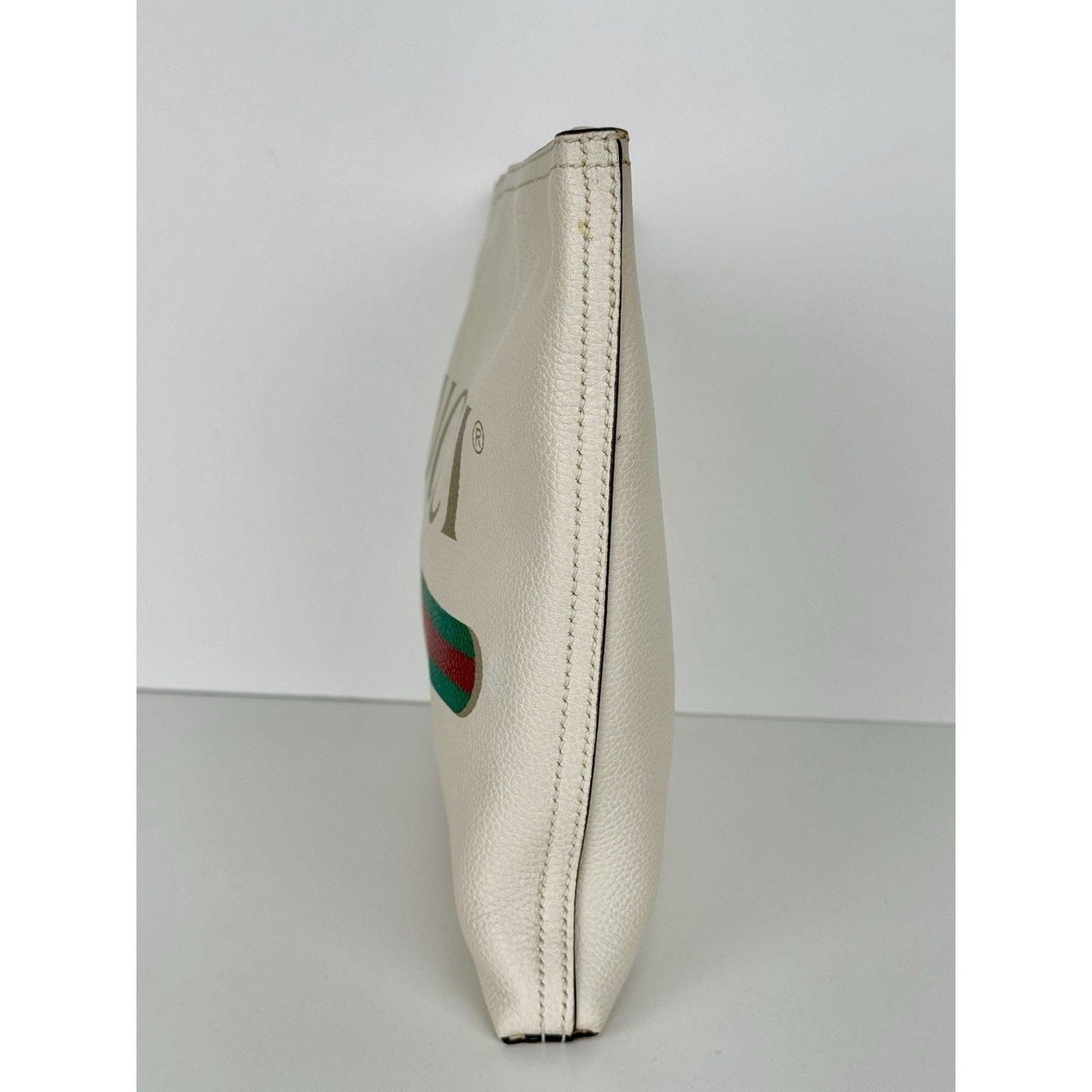 Gucci White Leather Logo Print Zip Pouch with Gold Hardware D-1